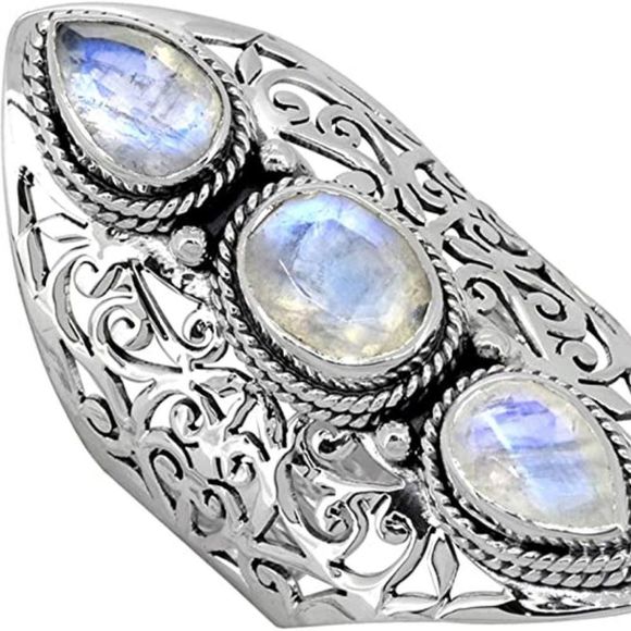 YoTreasure Moonstone Solid 925 Sterling Silver 3 Stone Ring Jewelry - Picture 2 of 4